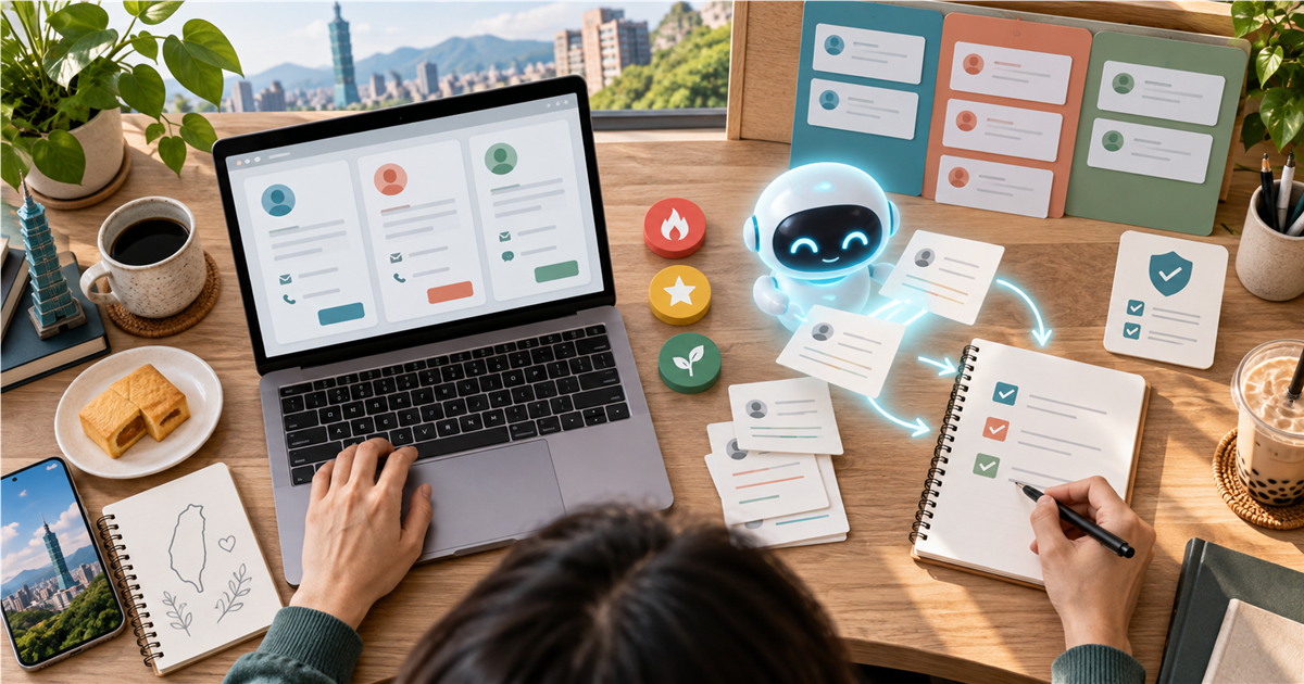 台灣小型企業工作桌上以 AI 整理詢問表單、線索卡片與同意檢查清單