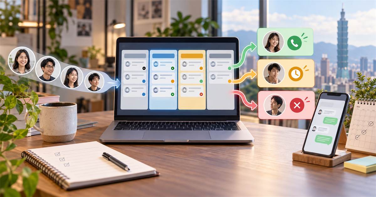 台灣中小企業在筆電上檢視 AI 試用名單分級與回訪流程