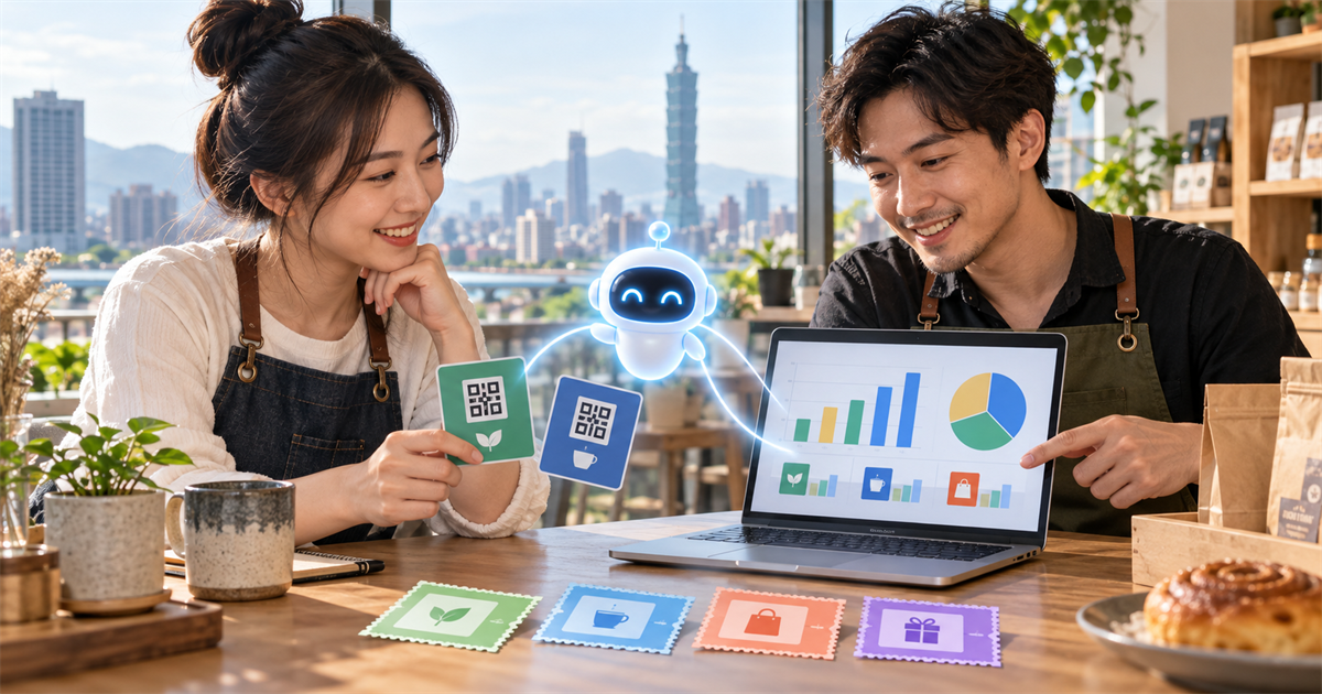 兩位台灣小店經營者檢視聯名優惠券與抽象分析儀表板