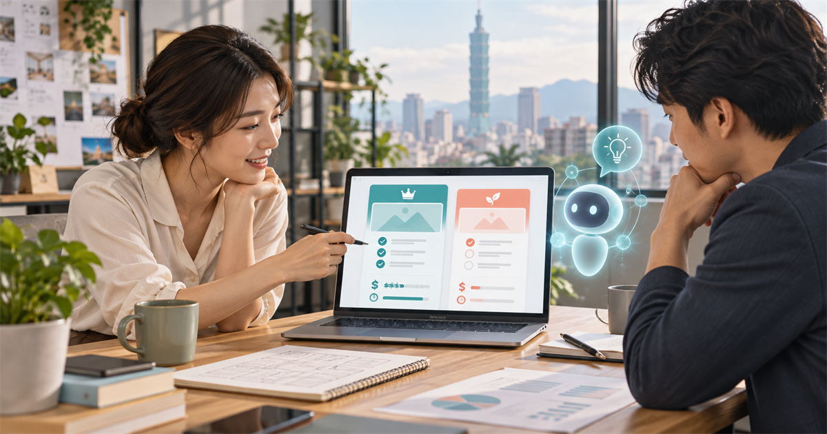 台北辦公桌上兩位中小企業成員用筆電比較完整提案與降階方案，旁邊有抽象 AI 助理光點