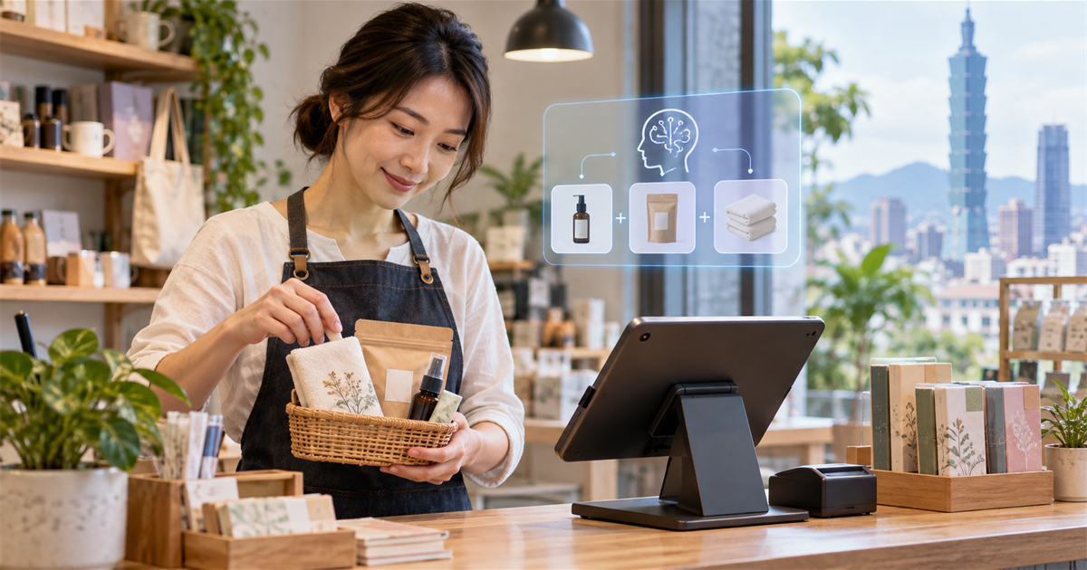 台灣門市老闆在結帳櫃台查看 AI 加購推薦與商品組合