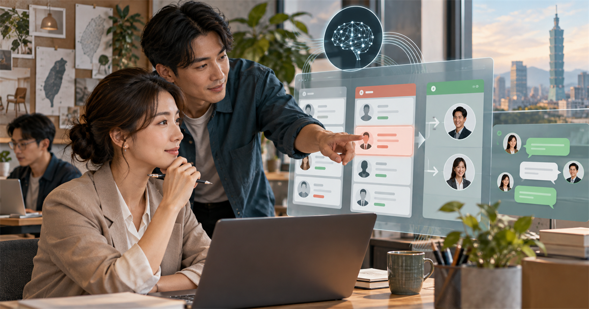 台灣中小企業團隊在辦公室用 AI 看板整理名單優先順序與聊天跟進流程