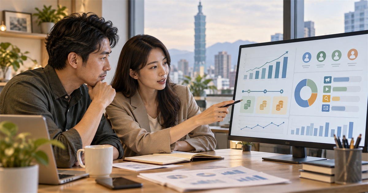 台北辦公室中兩位行銷人員檢視 AI 儀表板上的預算、客戶與現金回收圖表