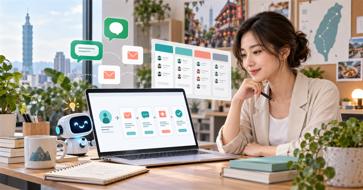 台灣中小企業行銷人員在桌前檢查 AI 新客歡迎序列、LINE 訊息與 CRM 卡片