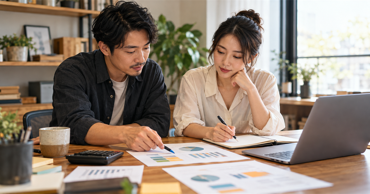 兩位小企業工作者在桌前檢視廣告預算圖表與筆記