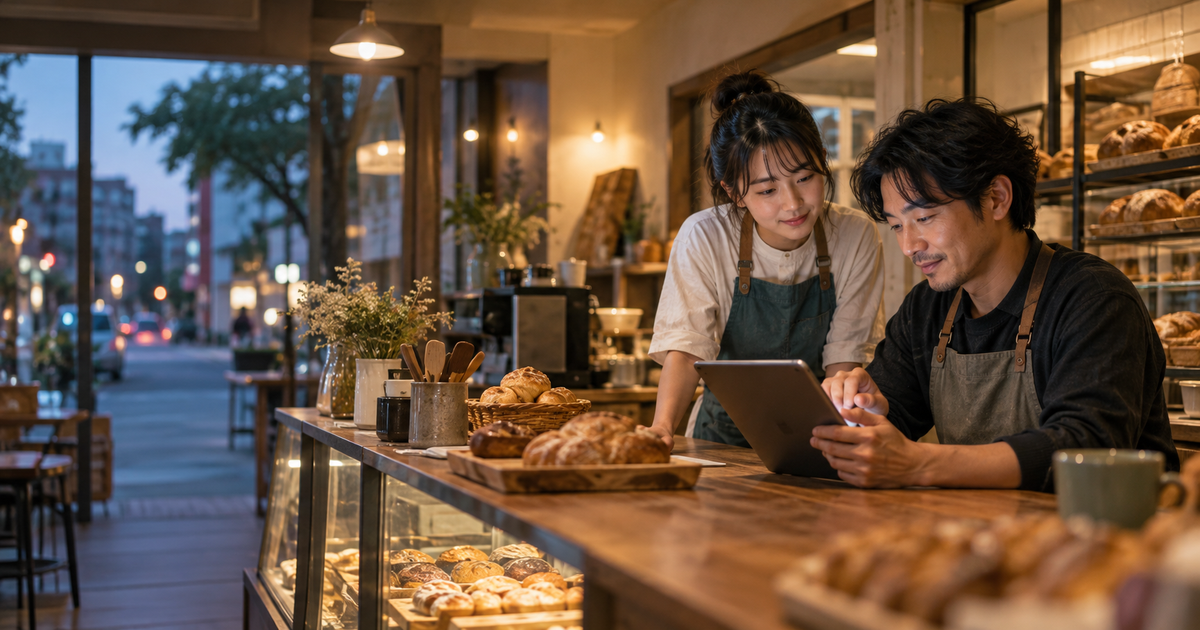傍晚的獨立烘焙店內，兩名店員一起查看平板並交接顧客訊息