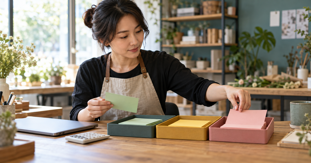 小型服務業工作桌上，工作人員將三張無文字的彩色工作卡分成已確認、選配與需重報三區
