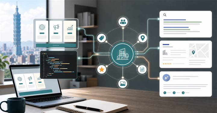 服務頁 SEO 結構化資料與 AI 摘要引用流程示意