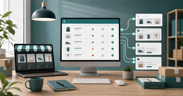 抽象商品卡片、庫存狀態與資料線連接搜尋介面的電商商品資料工作區