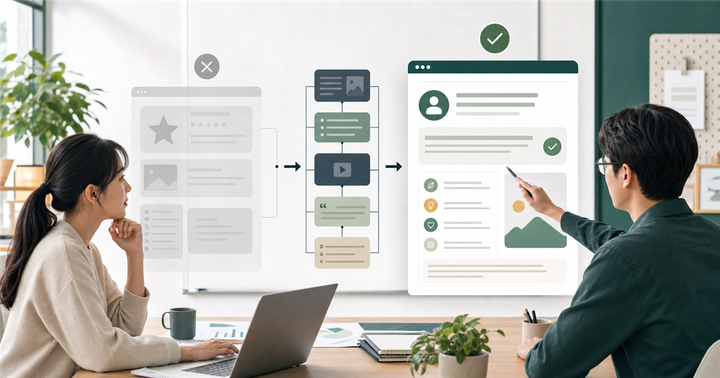 行銷與工程團隊檢查步驟型內容和結構化資料取捨的編輯插圖