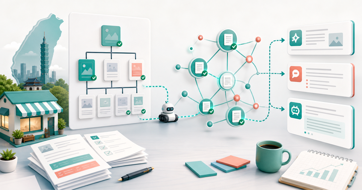 台灣中小企業用 sitemap SEO 串接網站內容、搜尋索引與 AI 搜尋結果的示意圖