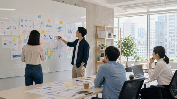 中小企業團隊在白板前規劃90天行銷策略