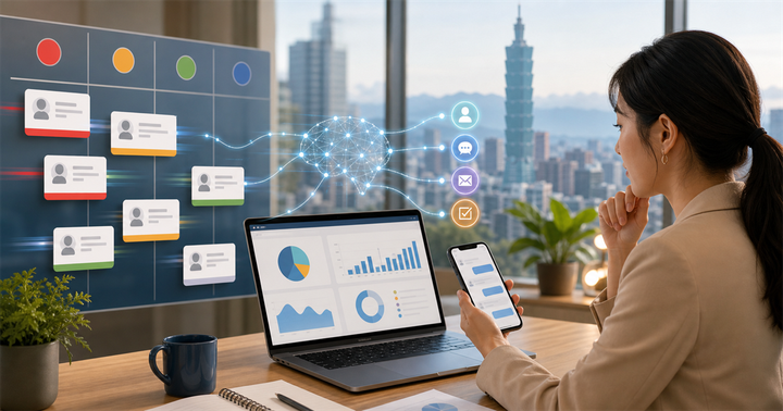 台灣中小企業辦公桌上以彩色客戶卡片和儀表板整理 AI 潛在客戶評分
