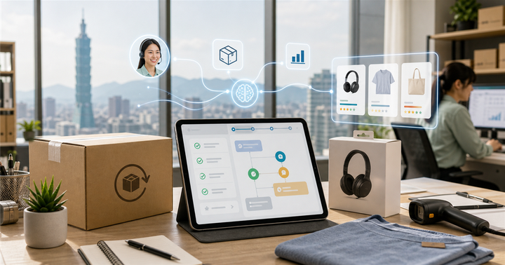 台灣電商辦公桌上有退貨包裹、商品盒與抽象的 AI 客服流程節點