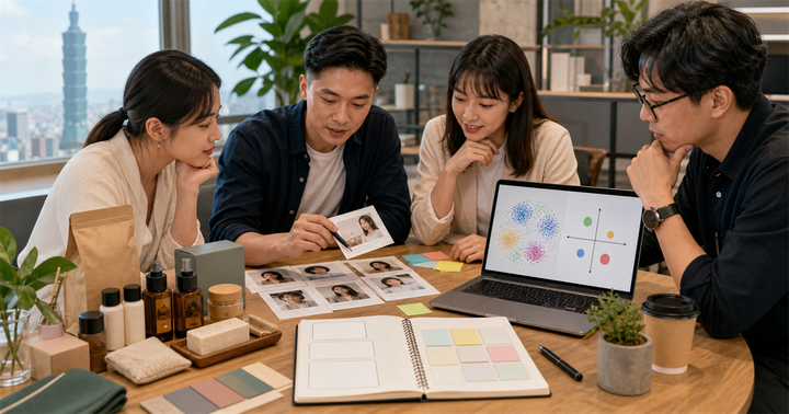 台北中小企業團隊在桌上整理客戶卡片、產品樣品與 AI 定位圖