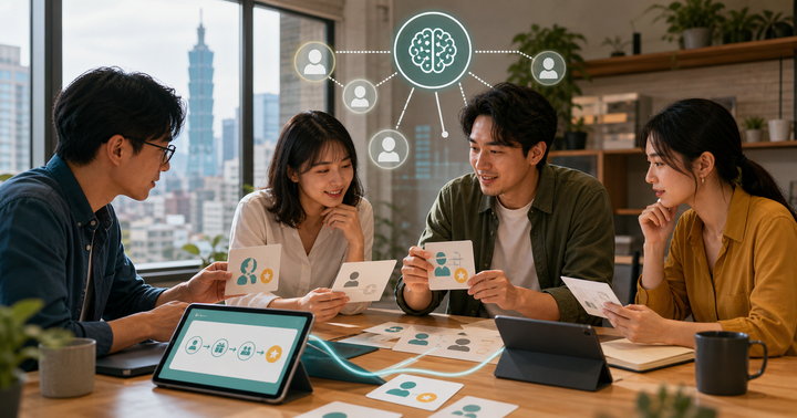台北中小企業團隊在會議桌前檢視顧客推薦卡片與 AI 分群流程