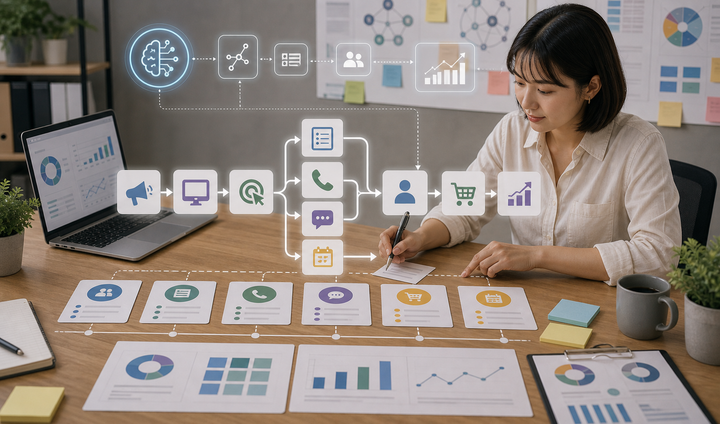 Editorial advertising workflow scene for AI 廣告轉換追蹤怎麼設, showing campaign assets, conversion tracking, audience segments, and review checkpoints