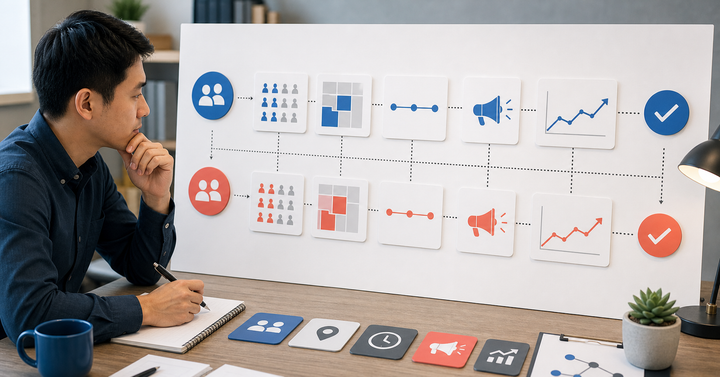Editorial marketing analytics workflow scene for AI 廣告增量測試怎麼做, showing KPI cards, funnel signals, experiment paths, and decision checkpoints