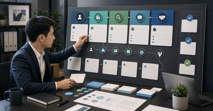 Editorial local business marketing scene for AI B2B 業務名單怎麼找, showing service-area signals, customer review cards, booking paths, and human review checkpoints