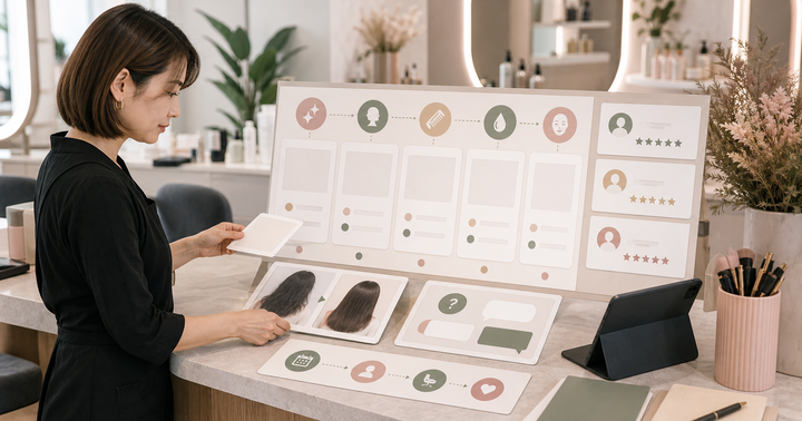 Editorial local business marketing scene for AI 美容沙龍行銷怎麼做, showing service-area signals, customer review cards, booking paths, and human review checkpoints