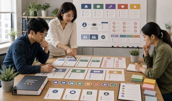 Editorial content workflow scene for AI 內容品牌語氣怎麼訓練, showing social assets, a content calendar, review checkpoints, and performance signals