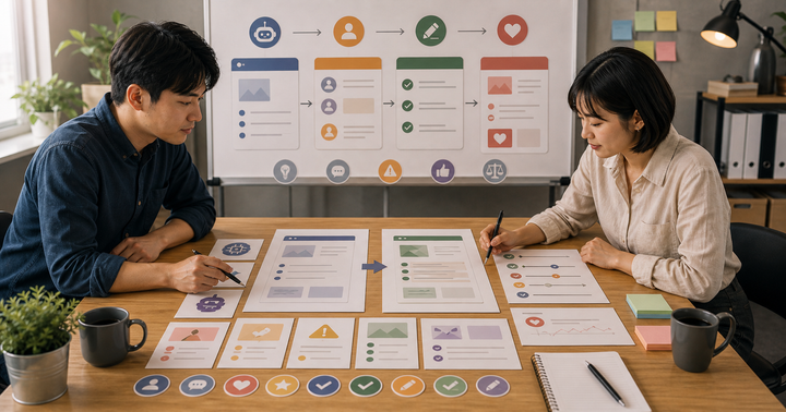 Editorial content workflow scene for AI 內容不想像機器人怎麼辦, showing social assets, a content calendar, review checkpoints, and performance signals
