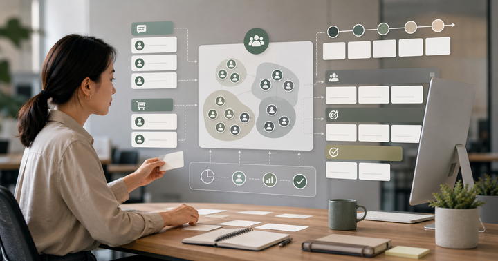 Editorial CRM, email, and messaging workflow scene for AI CRM 名單分群怎麼做, showing customer segments, lifecycle messages, lead stages, and review checkpoints