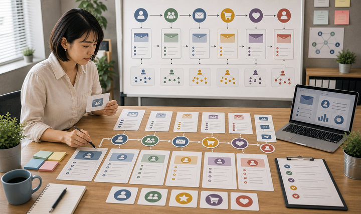 Editorial CRM, email, and messaging workflow scene for AI Email 行銷怎麼開始, showing customer segments, lifecycle messages, lead stages, and review checkpoints