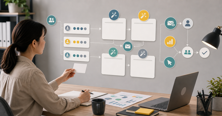 Editorial CRM, email, and messaging workflow scene for AI 電子報主旨怎麼測, showing customer segments, lifecycle messages, lead stages, and review checkpoints