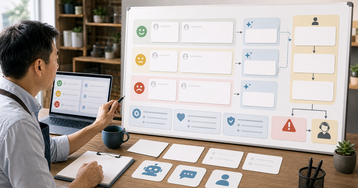 Editorial local business marketing scene for AI Google 評論回覆可以用嗎, showing service-area signals, customer review cards, booking paths, and human review checkpoints