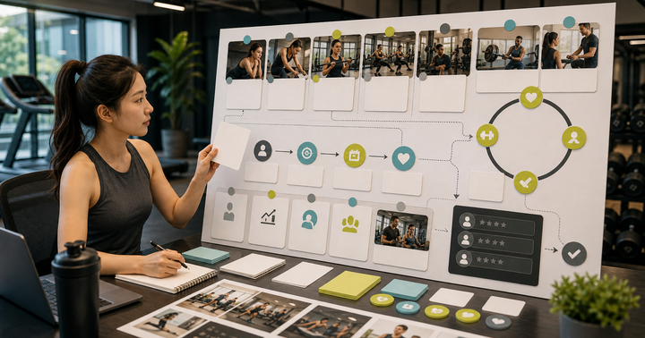 Editorial local business marketing scene for AI 健身房行銷怎麼做, showing service-area signals, customer review cards, booking paths, and human review checkpoints
