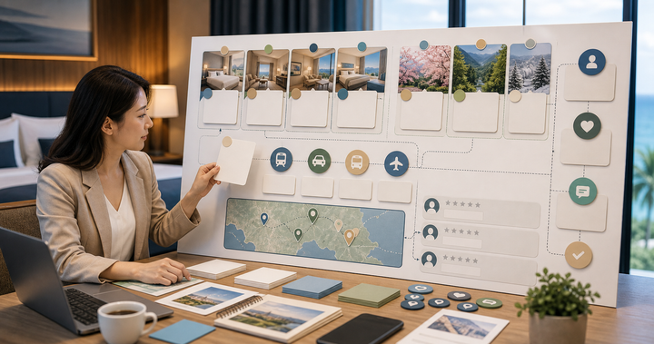 Editorial local business marketing scene for AI 旅宿行銷怎麼做, showing service-area signals, customer review cards, booking paths, and human review checkpoints