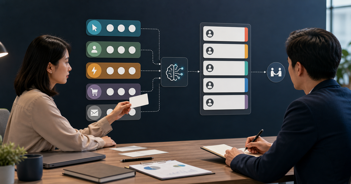 Editorial CRM, email, and messaging workflow scene for AI 潛在客戶評分怎麼設, showing customer segments, lifecycle messages, lead stages, and review checkpoints