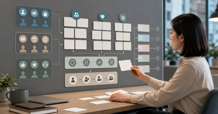 Editorial CRM, email, and messaging workflow scene for AI LINE 官方帳號分眾怎麼做, showing customer segments, lifecycle messages, lead stages, and review checkpoints