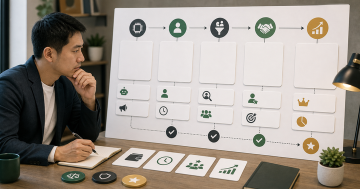Editorial marketing analytics workflow scene for AI 行銷 ROI 怎麼算, showing KPI cards, funnel signals, experiment paths, and decision checkpoints