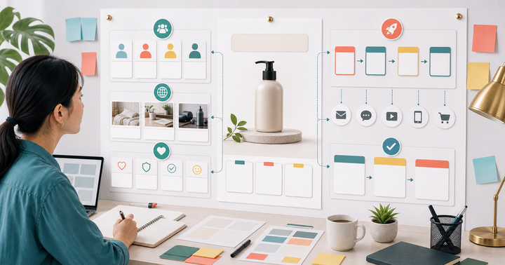 Editorial ecommerce workflow scene for AI 新品上市文案怎麼做, showing product cards, shopping journey signals, catalog data, and review checkpoints