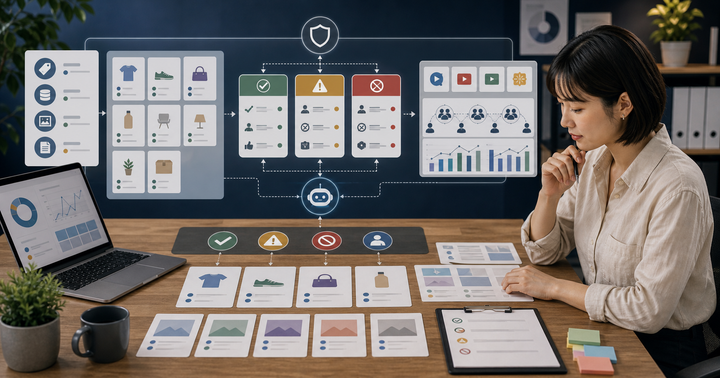 Editorial advertising workflow scene for AI Performance Max 怎麼控風險, showing campaign assets, conversion tracking, audience segments, and review checkpoints