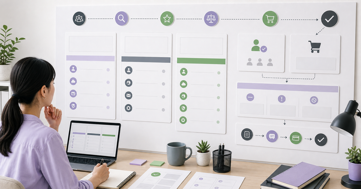 Editorial ecommerce workflow scene for AI 價格頁怎麼寫, showing product cards, shopping journey signals, catalog data, and review checkpoints