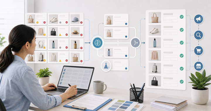 Editorial ecommerce workflow scene for AI 商品 Feed 怎麼整理, showing product cards, shopping journey signals, catalog data, and review checkpoints