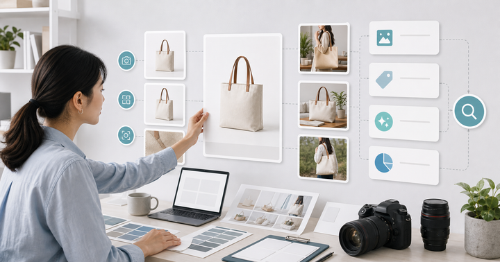 Editorial ecommerce workflow scene for AI 商品圖片 SEO 怎麼做, showing product cards, shopping journey signals, catalog data, and review checkpoints