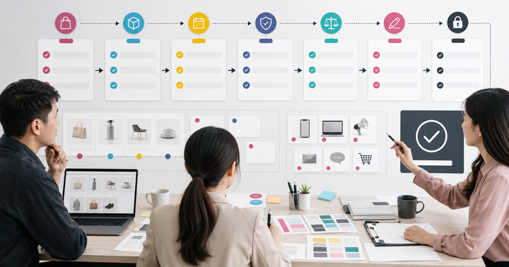 Editorial ecommerce workflow scene for AI 促銷文案怎麼檢查, showing product cards, shopping journey signals, catalog data, and review checkpoints