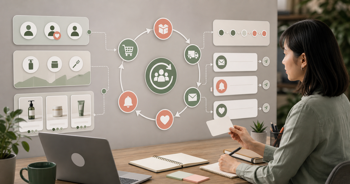 Editorial CRM, email, and messaging workflow scene for AI 回購提醒怎麼做, showing customer segments, lifecycle messages, lead stages, and review checkpoints