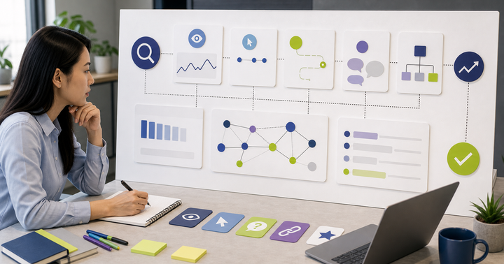 Editorial marketing analytics workflow scene for AI SEO 內容成效怎麼看, showing KPI cards, funnel signals, experiment paths, and decision checkpoints