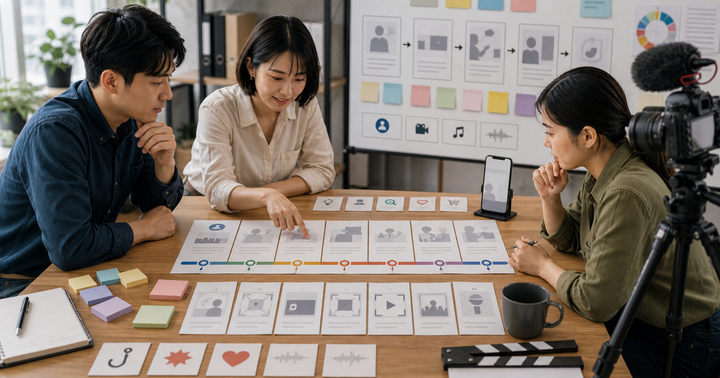 Editorial content workflow scene for AI 短影音腳本怎麼做, showing social assets, a content calendar, review checkpoints, and performance signals