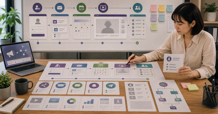Editorial content workflow scene for AI Webinar 行銷怎麼做, showing social assets, a content calendar, review checkpoints, and performance signals