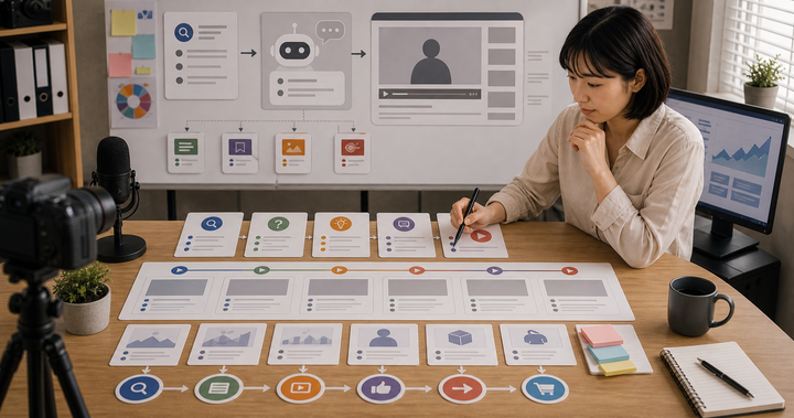 Editorial content workflow scene for AI YouTube 影片大綱怎麼寫, showing social assets, a content calendar, review checkpoints, and performance signals