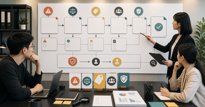 Editorial AI marketing risk-control workflow scene for AI 廣告誇大怎麼避免, showing privacy controls, claim review cards, approval gates, and audit checkpoints