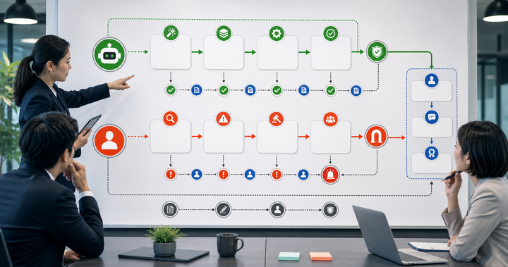 Editorial AI marketing operations workflow scene for AI 自動化和人工審稿怎麼配, showing team handoff cards, knowledge-base assets, task paths, and human review checkpoints