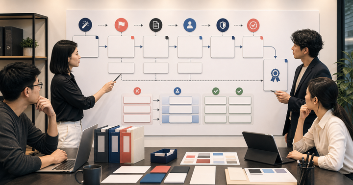 Editorial AI marketing risk-control workflow scene for AI 品牌審核流程怎麼設, showing privacy controls, claim review cards, approval gates, and audit checkpoints