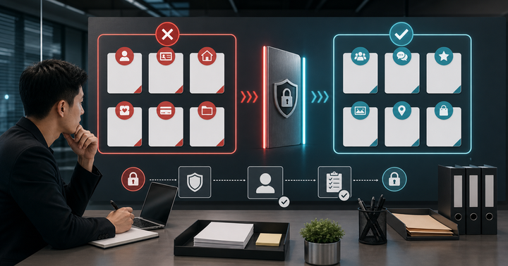 Editorial AI marketing risk-control workflow scene for AI 客戶資料不能丟什麼, showing privacy controls, claim review cards, approval gates, and audit checkpoints